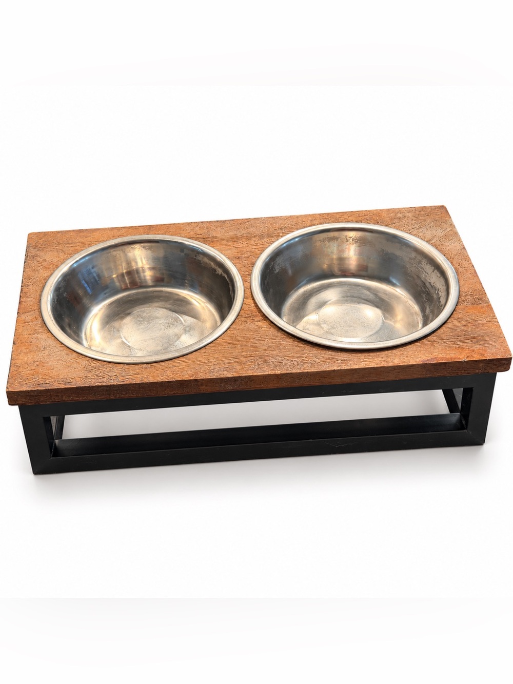 Elevated Dog Cat Food Stainless Steel Water Set Wood Top Black Stand Farmhouse